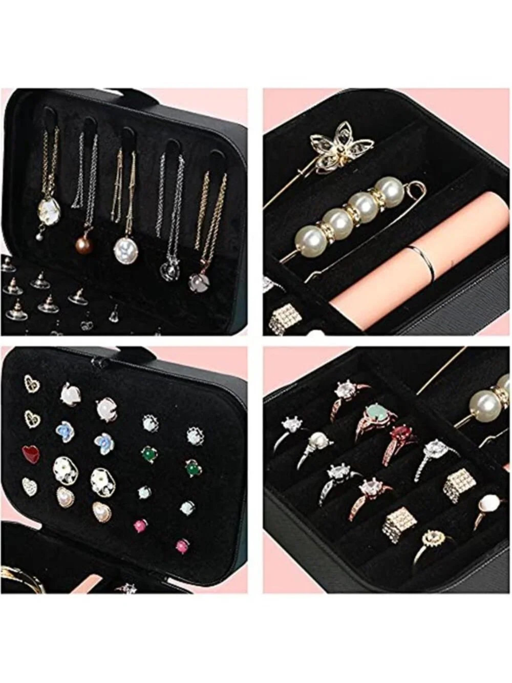 Travel Jewelry Box Organizer Black Faux Leather Necklace Ring Earring Storage